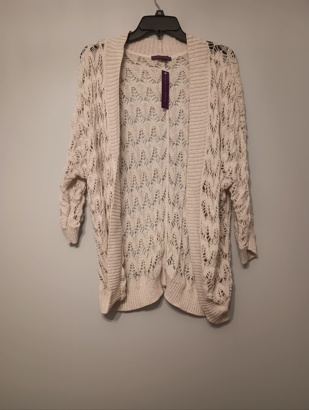 Beverly Drive Open-Knit Cream Crochet Shimmer Cardigan Sweater 1X
